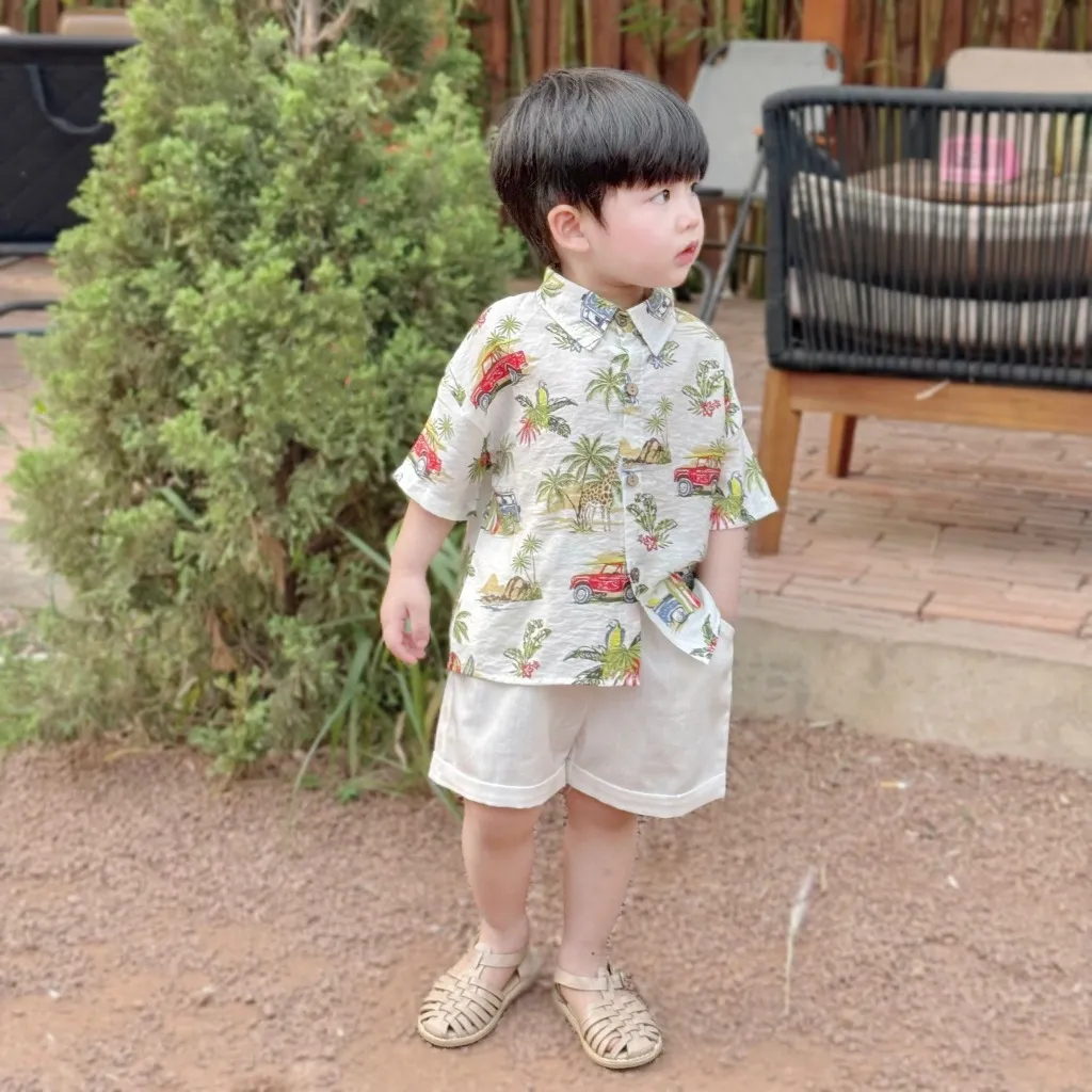 Ảnh Set bộ sơ mi cộc tay bé trai áo đũi họa tiết ô tô, cây dừa cổ đức quần đũi Fbaby mặc đi chơi, du lịch, đi biển FB1024 4