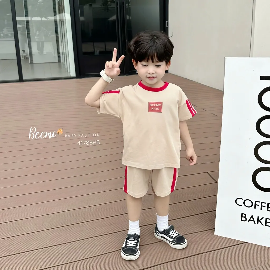 Ảnh Set bộ thể thao Beemo cộc tay in chữ nổi vải cotton thoáng mát cho bé trai từ 9-24kg 4178BHB 2