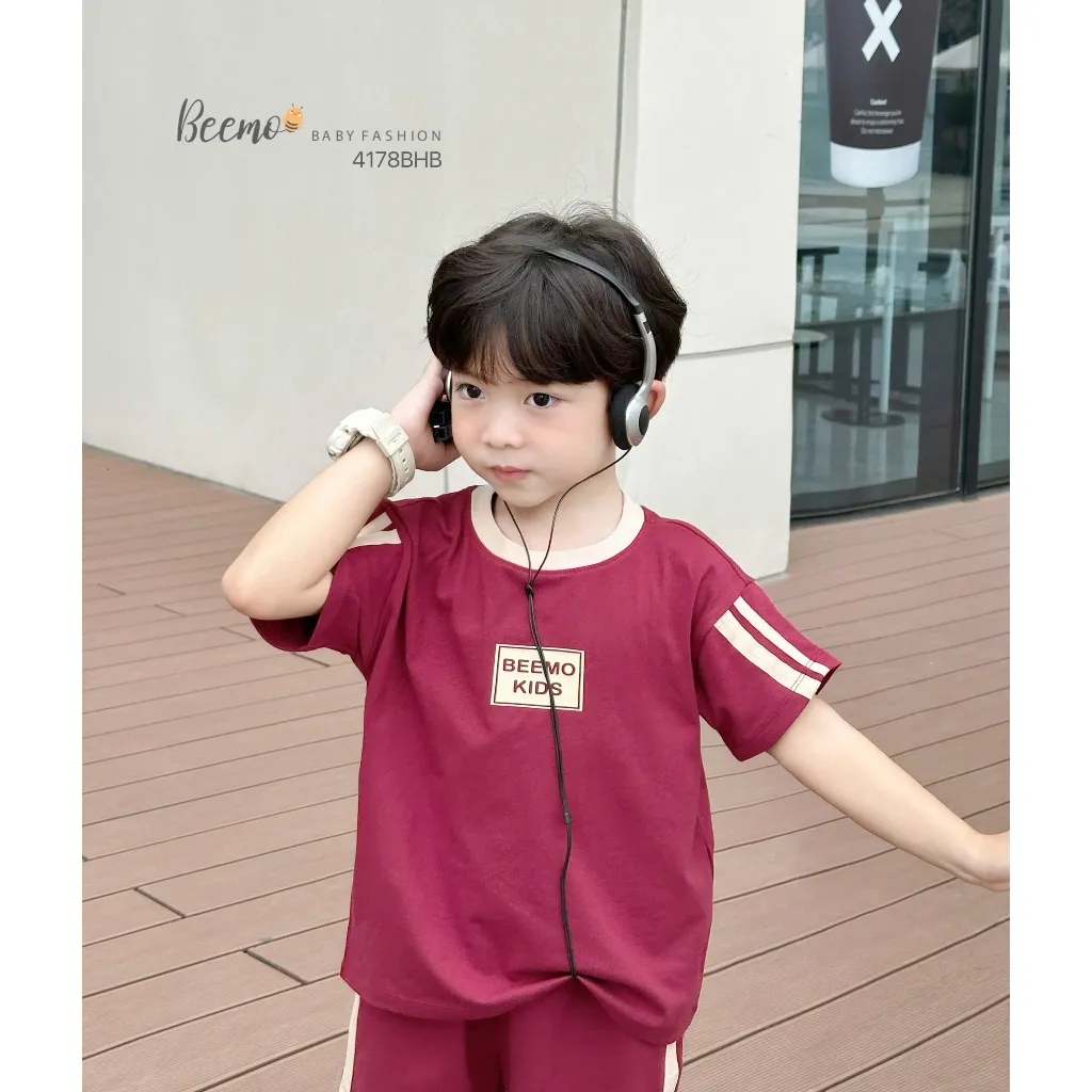 Ảnh Set bộ thể thao Beemo cộc tay in chữ nổi vải cotton thoáng mát cho bé trai từ 9-24kg 4178BHB 3