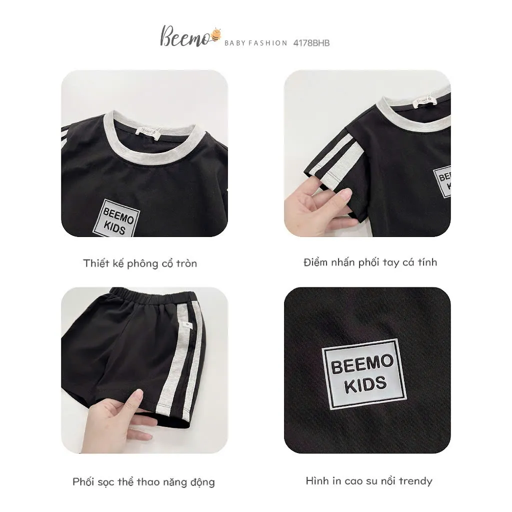 Ảnh Set bộ thể thao Beemo cộc tay in chữ nổi vải cotton thoáng mát cho bé trai từ 9-24kg 4178BHB 4