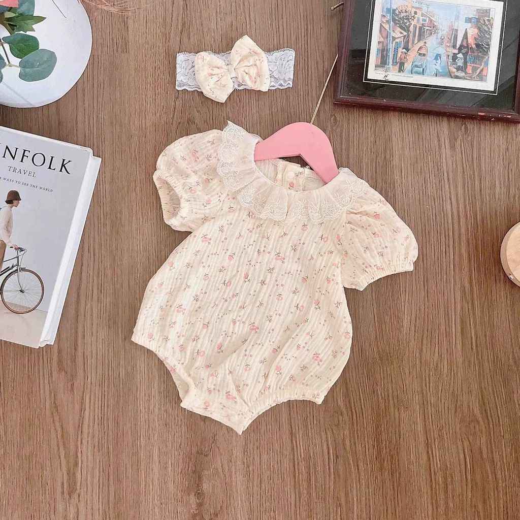 Ảnh Set Body Họa Tiết Hoa Nhí Cổ Ren Kèm Băng Đô Cho Bé Gái Sơ Sinh 1 2 Tuổi MINTSCLOSET - BS6430 1