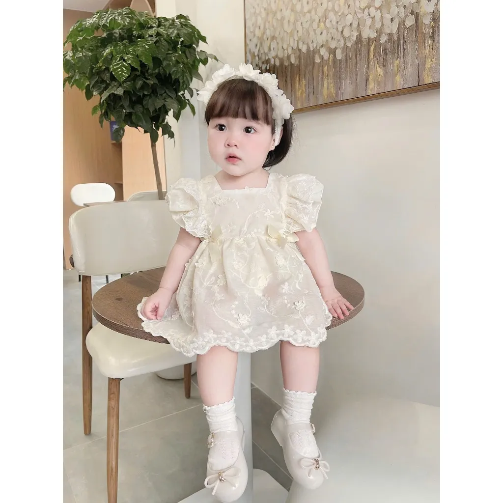 Ảnh Set Body Váy Thêu Hoa Nổi Màu Kem Cho Bé Gái Sơ Sinh 1 2 Tuổi MINTSCLOSET - BV7153 1