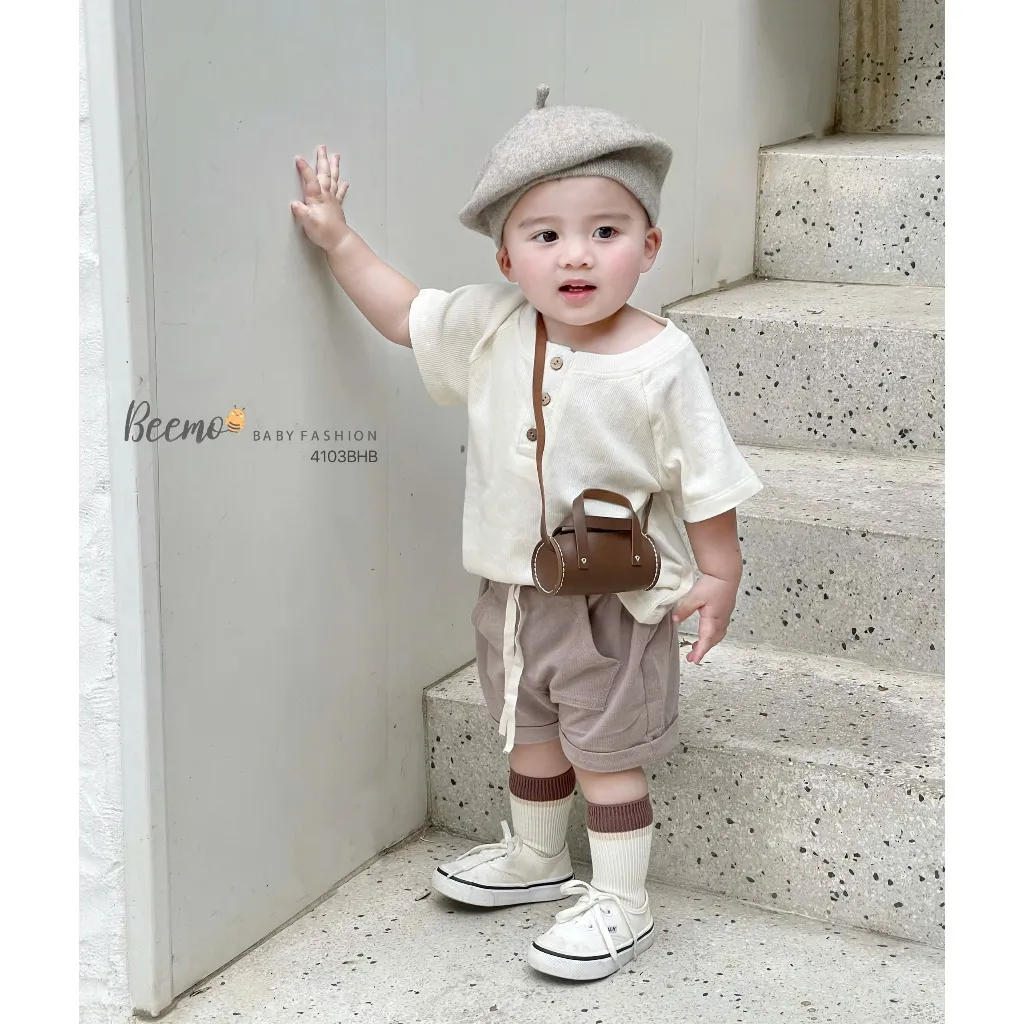 Ảnh Set cộc tay basic phối khuy gỗ Chất liệu tăm mềm co giãn tạo sự thoải mái B610 2