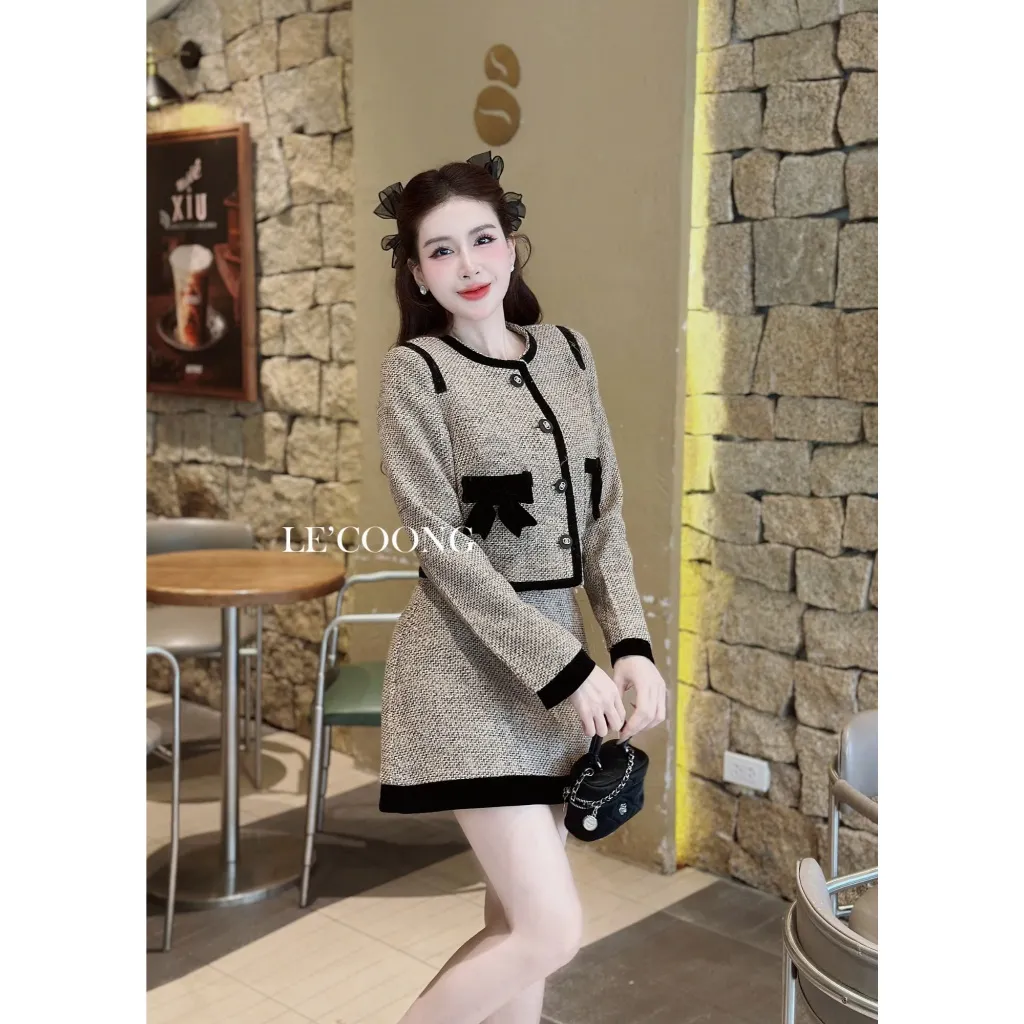 Ảnh Set Dạ Tweed Dáng Ngắn Hai Màu Đỏ Nâu Phối Nhung LECOONG B175 Đầm Đẹp Tiểu Thư Sang Chảnh 1