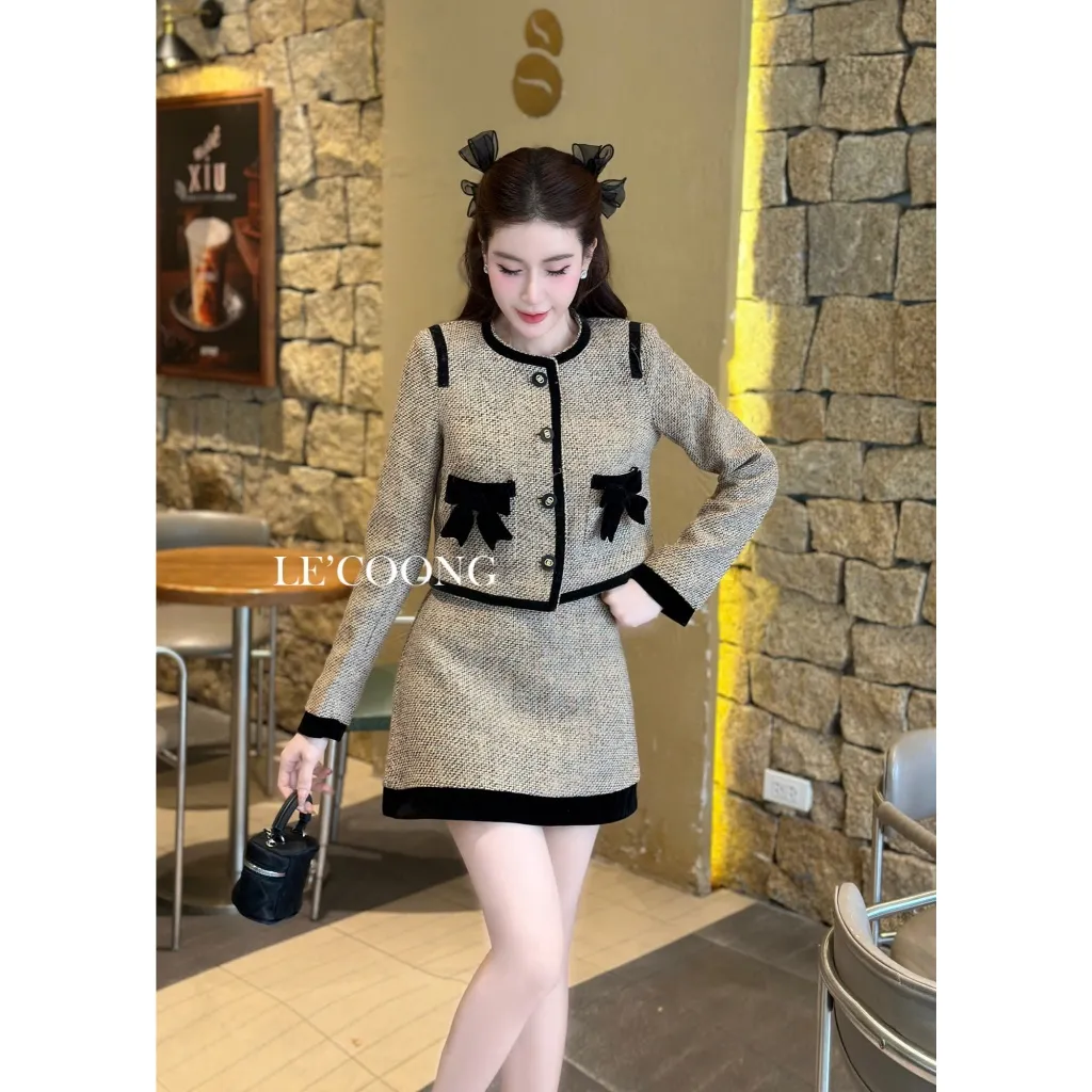 Ảnh Set Dạ Tweed Dáng Ngắn Hai Màu Đỏ Nâu Phối Nhung LECOONG B175 Đầm Đẹp Tiểu Thư Sang Chảnh 3