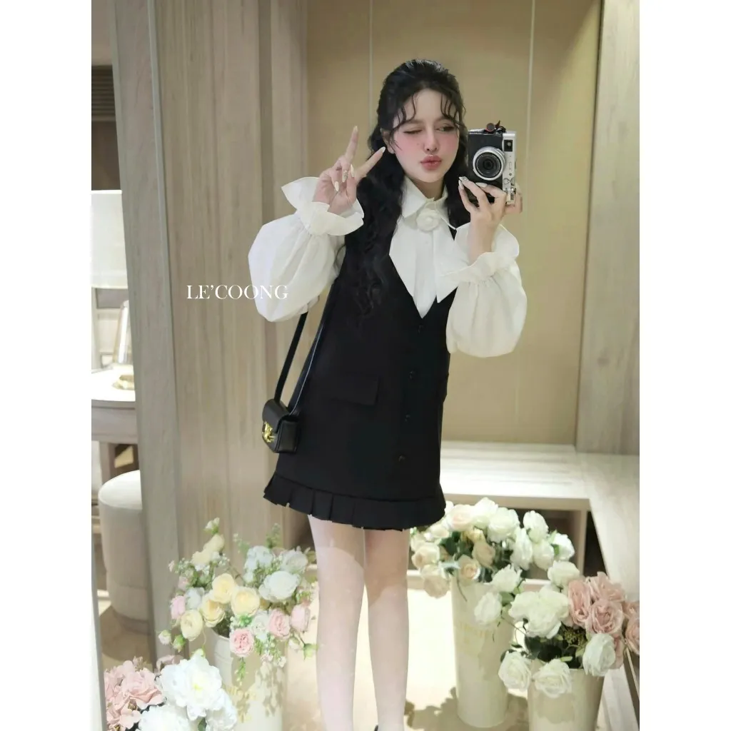 Ảnh Set ĐầmTiểu Thư Dáng Suông Phối Sơ Mi Tay Bồng LECOONG B202 Đầm Đẹp Màu Đen Xám Đính Hoa Sang Chảnh 1