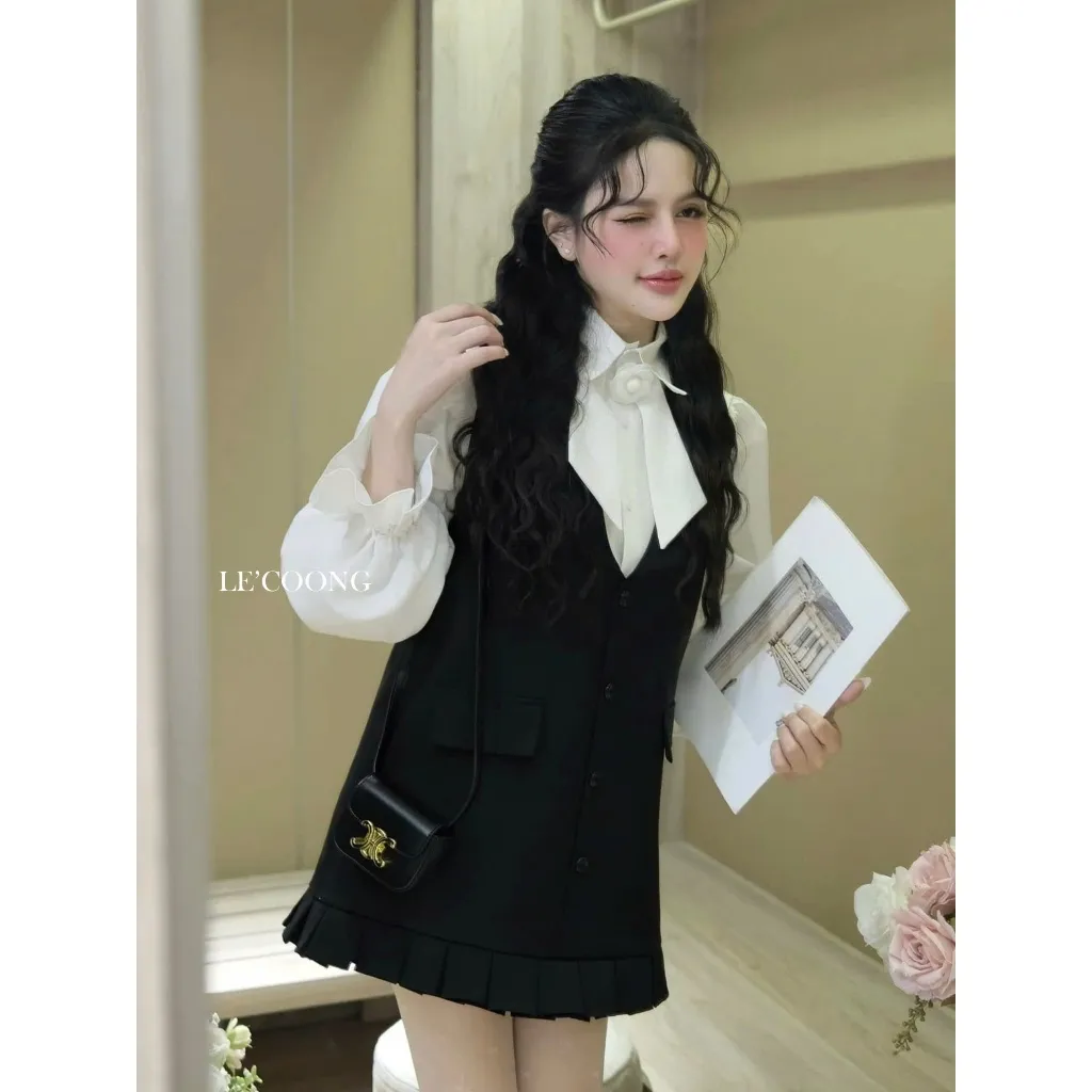 Ảnh Set ĐầmTiểu Thư Dáng Suông Phối Sơ Mi Tay Bồng LECOONG B202 Đầm Đẹp Màu Đen Xám Đính Hoa Sang Chảnh 3