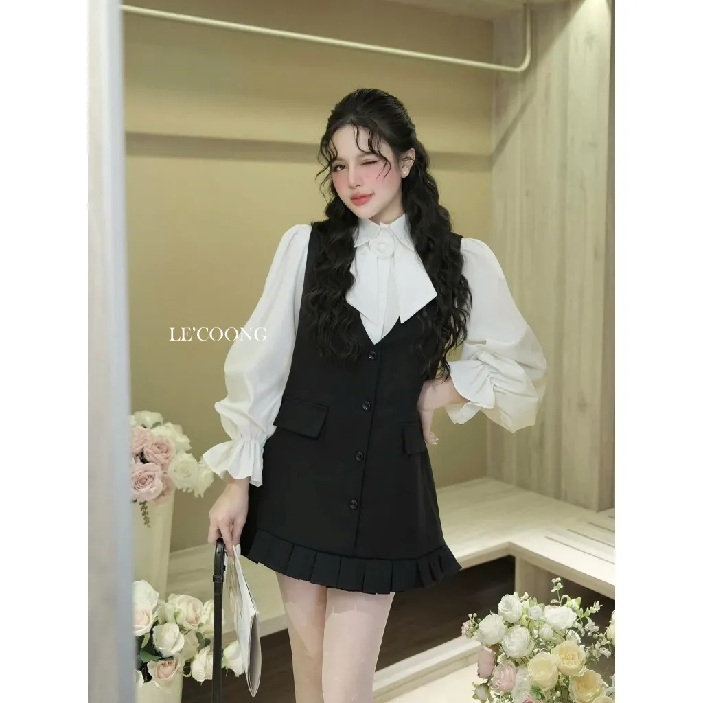 Ảnh Set ĐầmTiểu Thư Dáng Suông Phối Sơ Mi Tay Bồng LECOONG B202 Đầm Đẹp Màu Đen Xám Đính Hoa Sang Chảnh 4