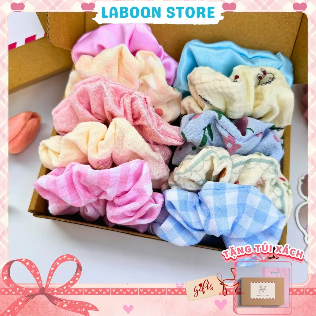 Ảnh Set hộp quà dây buộc tóc scrunchies LABOON hộp 5 và 10 dây cột tóc mix màu siêu xinh tặng bạn gái 4