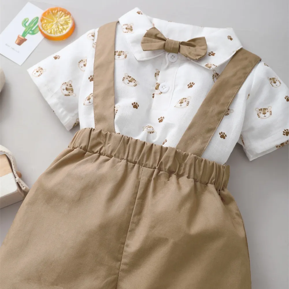 Ảnh Set Đồ 2 Món Gồm Áo Thun Cổ Đứng Tay Cộc In Hình Hổ Thắt Nơ + Quần Ngắn Cho Bé Trai 0-2 Tuổi 4
