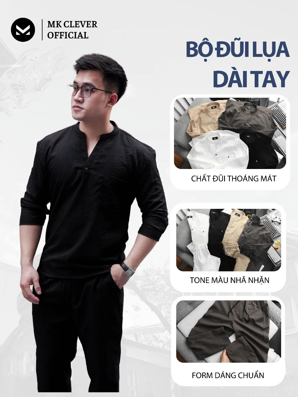 Ảnh Set đồ bộ Đũi lụa Dài Tay Nam MK Chất vải đũi lụa mềm mịn set sơ mi quần đũi dài đi chơi đi biển 3