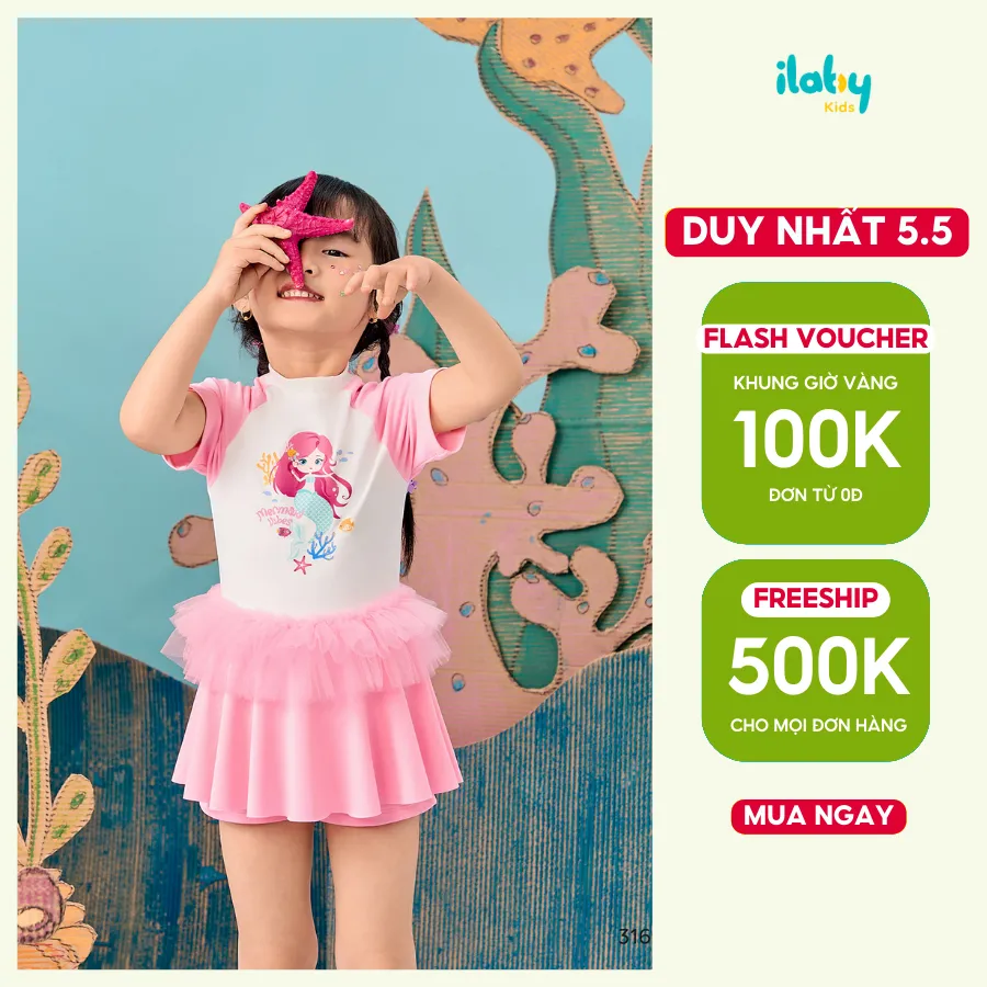 Ảnh Set đồ bơi bé gái ILABY đồ bơi chất liệu thun lạnh thiết kế áo liền váy có lót quần [3169] 1