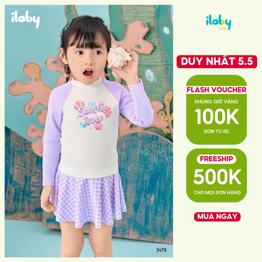 Ảnh Set đồ bơi bé gái ILABY đồ bơi bé gái gồm áo dài tay kèm chân váy chất liệu thun lạnh [3479] 1