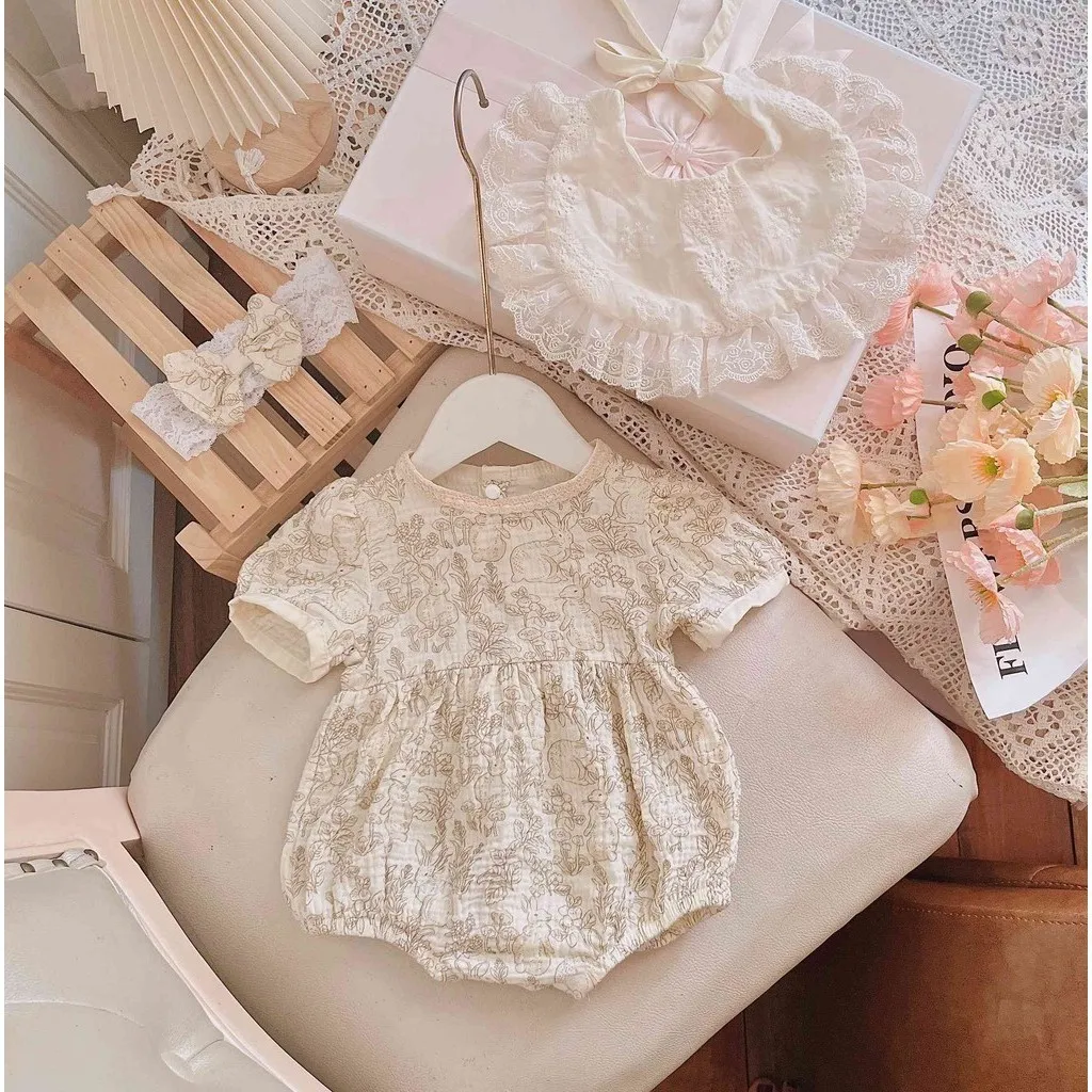 Ảnh Set Đồ Liền Thân Body Yếm Ren Cổ Rời Băng Đô Kem Bé Gái Sơ Sinh 1 2 Tuổi MINTSCLOSET - BS6420 1