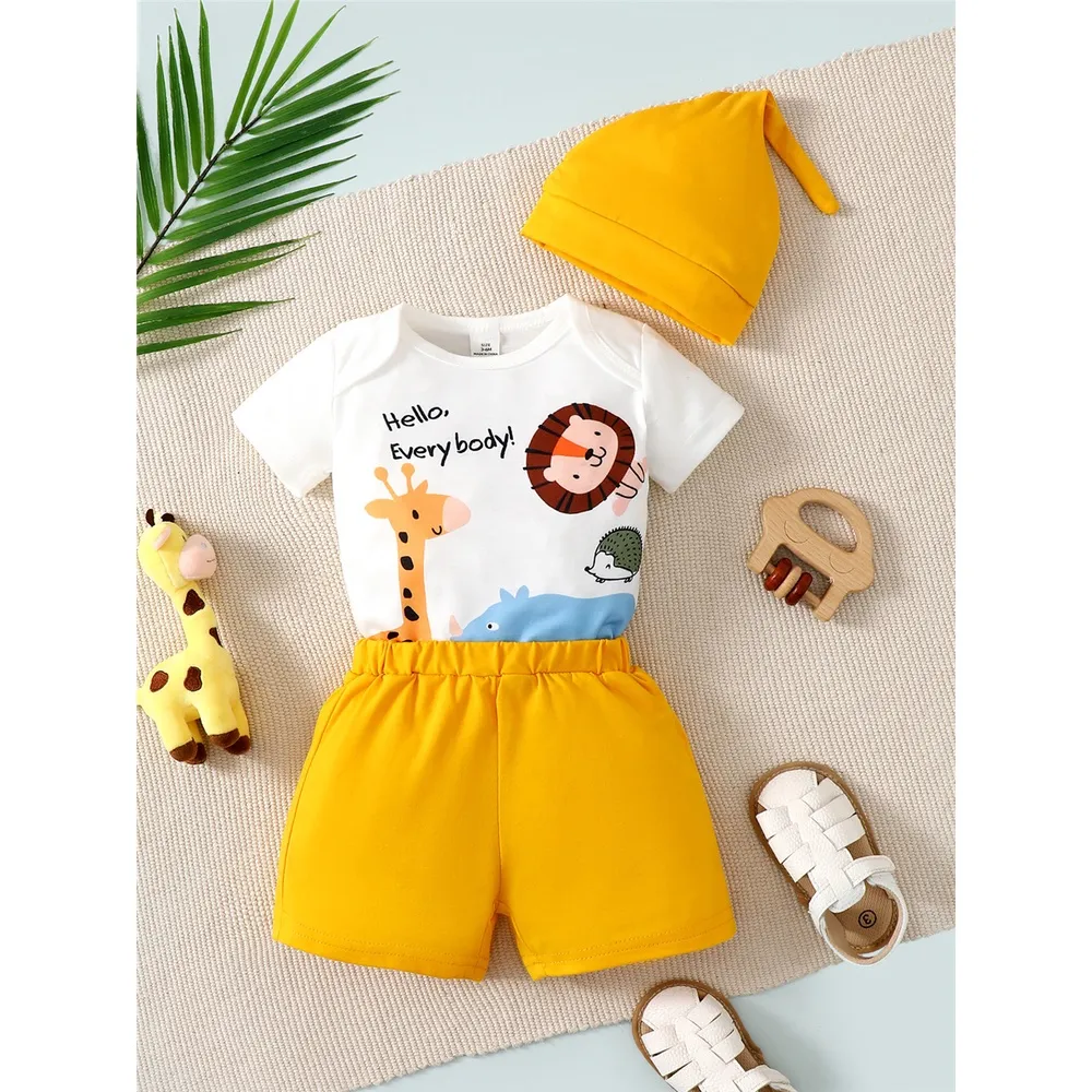 Ảnh Set Đồ Mùa Hè 3 Món Gồm Áo Liền Quần Tay Cộc In Họa Tiết Hươu Cao Cổ + Quần Ngắn + Nón In Họa Tiết Cho Bé Trai 0-2 Tuổi 2