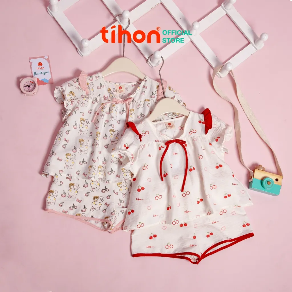 Ảnh Set đồ ngủ bé gái TIHON cao cấp chất liệu thô siêu thoáng mát đính nơ dễ thương cho bé SET0786109 1