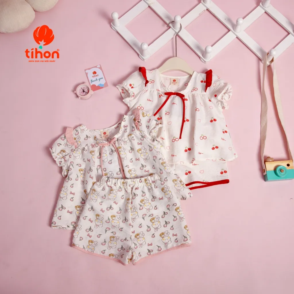 Ảnh Set đồ ngủ bé gái TIHON cao cấp chất liệu thô siêu thoáng mát đính nơ dễ thương cho bé SET0786109 2