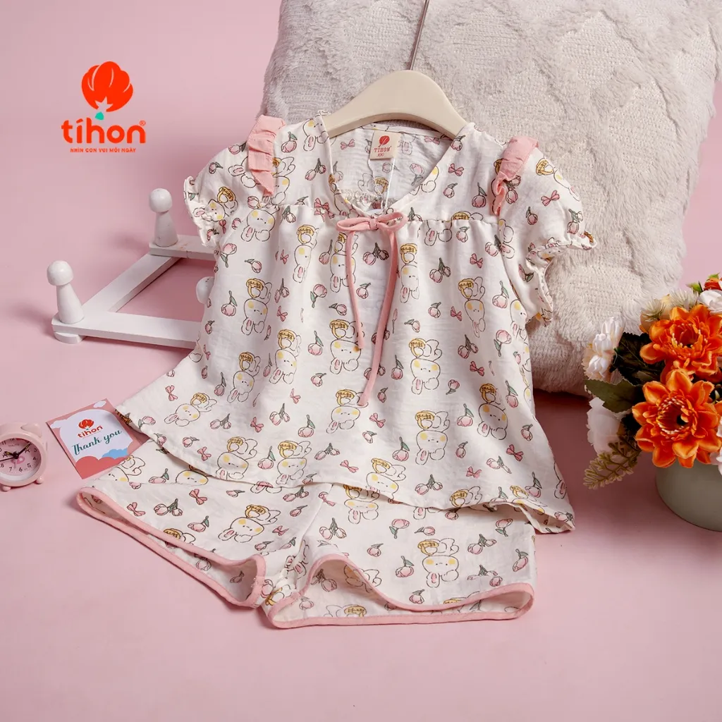 Ảnh Set đồ ngủ bé gái TIHON cao cấp chất liệu thô siêu thoáng mát đính nơ dễ thương cho bé SET0786109 4