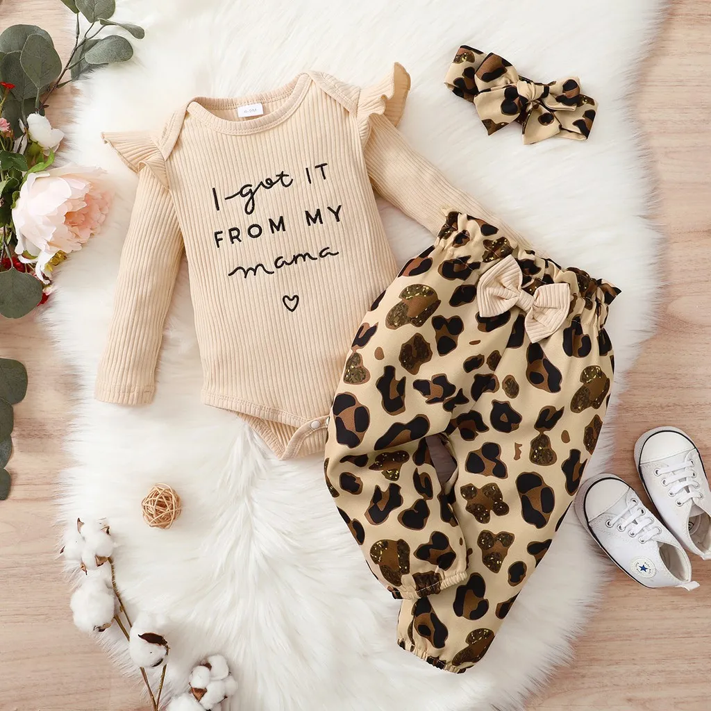Ảnh Set trang phục 3 mảnh MIKRDOO áo liền quần tay dài nhún bèo+quần+băng đô da báo thời trang mùa thu cho bé gái 2