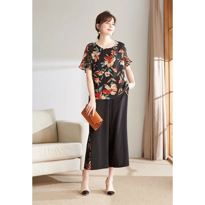 Ảnh Set Trung Niên Nữ MAI THY S901, Bộ Đồ Áo Voan Hoa Phối Quần Lụa 9 Tấc Ngắn Tay Sang Trọng | Thời Trang Trung Niên U40 1