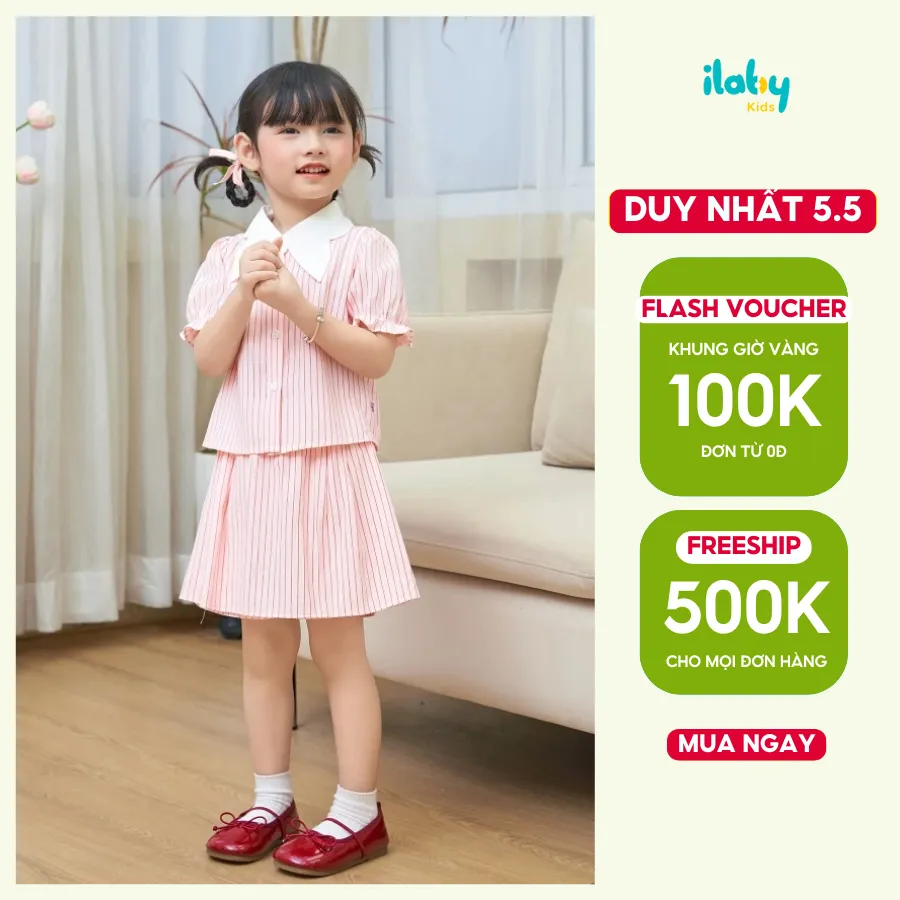 Ảnh Set váy bé gái ILABY váy xinh cho bé chất thô kẻ áo sơ mi đính nơ quần giả chân váy [2893] 1