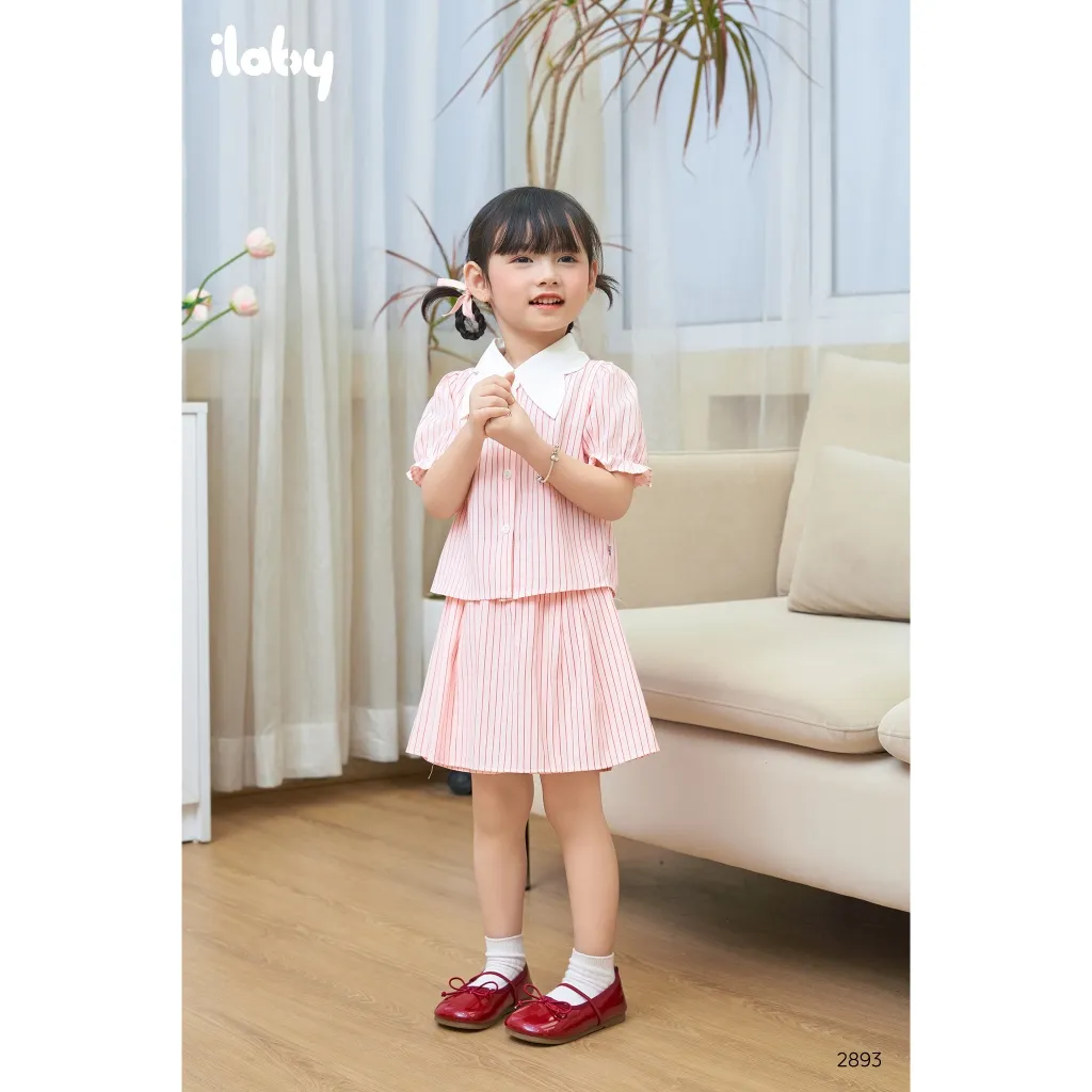Ảnh Set váy bé gái ILABY váy xinh cho bé chất thô kẻ áo sơ mi đính nơ quần giả chân váy [2893] 3