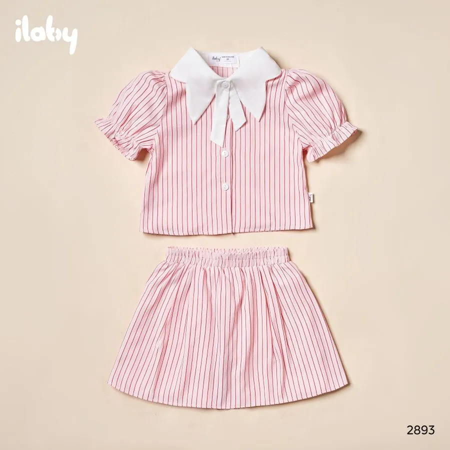 Ảnh Set váy bé gái ILABY váy xinh cho bé chất thô kẻ áo sơ mi đính nơ quần giả chân váy [2893] 4