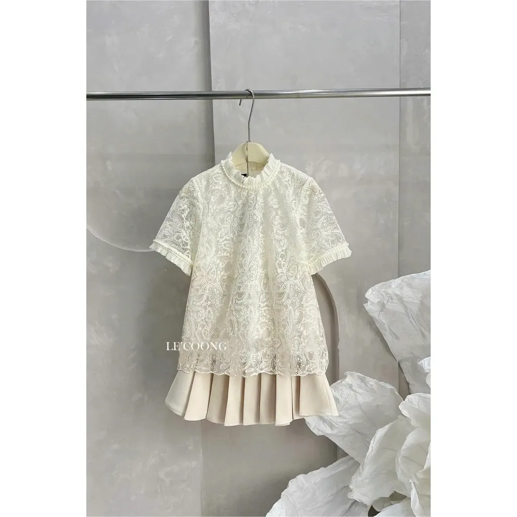 Ảnh Set Váy Thiết Kế Áo Tiểu Thư Chân Váy Xếp Ly LECOONG B215 Đầm Đẹp Màu Kem Sang Chảnh 3