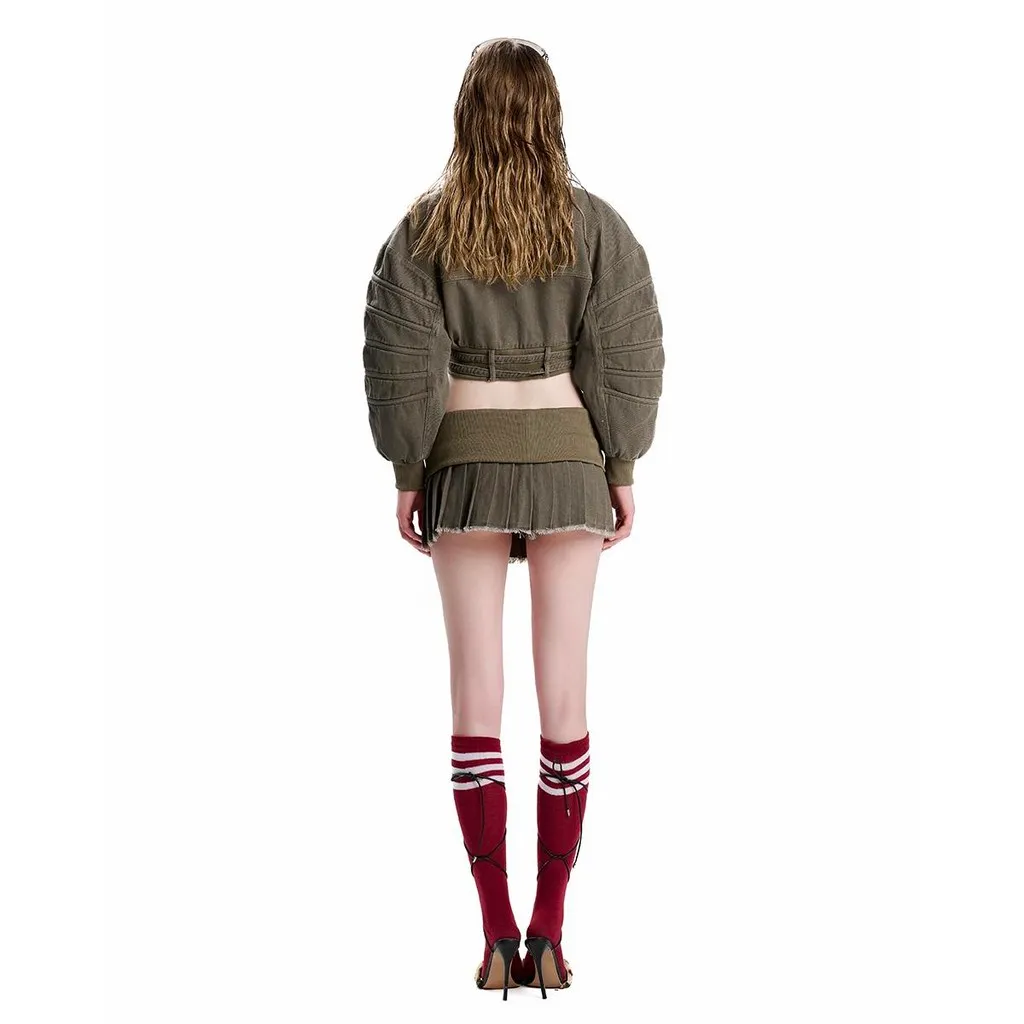 Ảnh SG.S Cropped Bomber Khaki Jacket -  Áo khoác dài tay croptop  có dây kéo và bo chun phần thắt eo 2