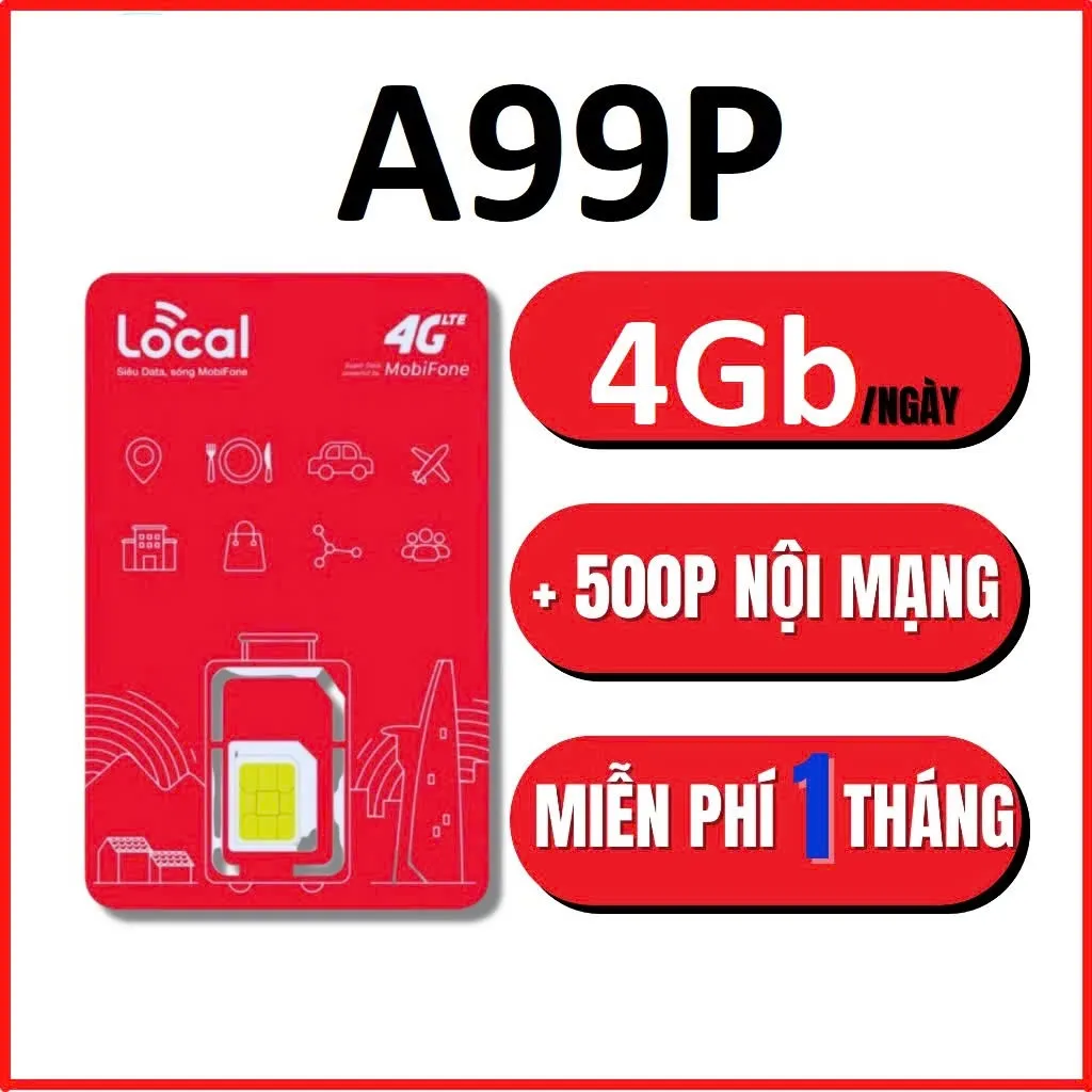 Ảnh Sim 4G Mobifone A99P LOCAL 4GB/ ngày - 12GB/ tháng, 500 phút gọi. SIÊU SIM DATA Gọi Sẵn 1 tháng. DKCC 1
