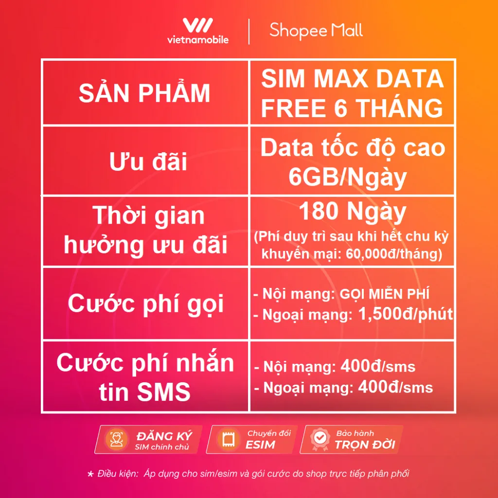 Ảnh Sim 4G Vietnamobile Data 6GB/Ngày - 180GB/Tháng, Miễn Phí Gọi Nội Mạng. Độc Quyền VIETNAMOBILE - SIMTHEVN 1