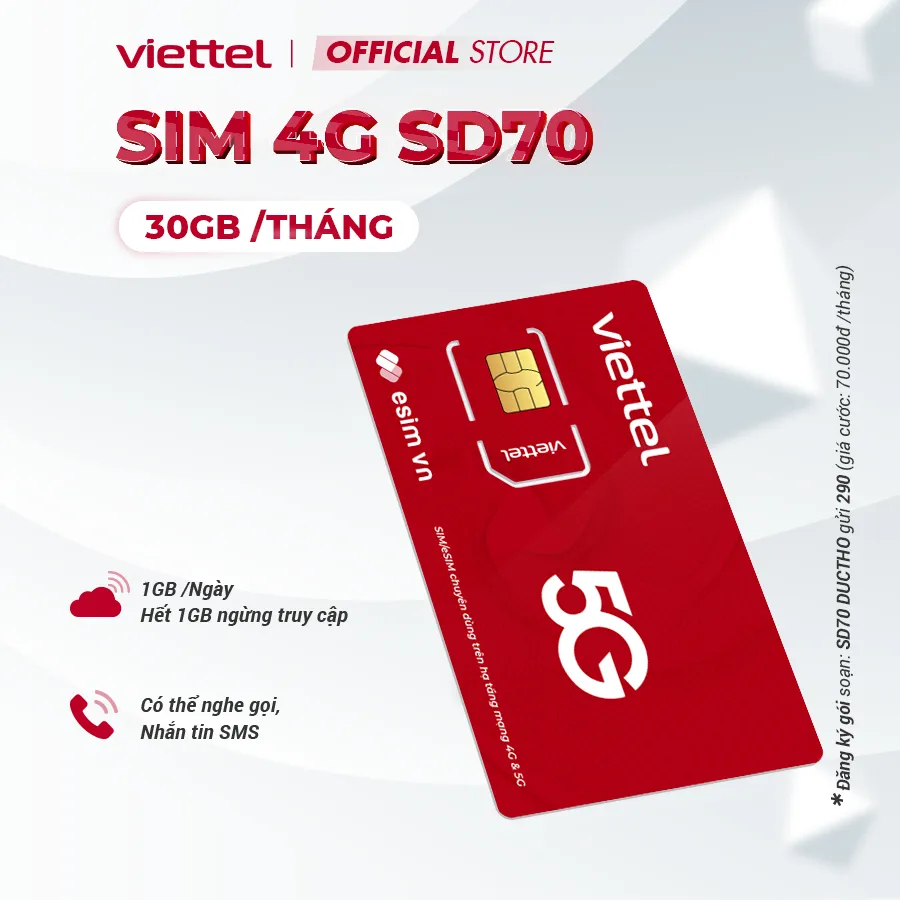 Ảnh Sim 4G Viettel SD70 - SD90 - SD125Z - SD135 Data 6GB/Ngày -180GB/Tháng Tốc Độ Cao MAX Băng Thông Toàn Quốc. Từ 70K/Tháng 4