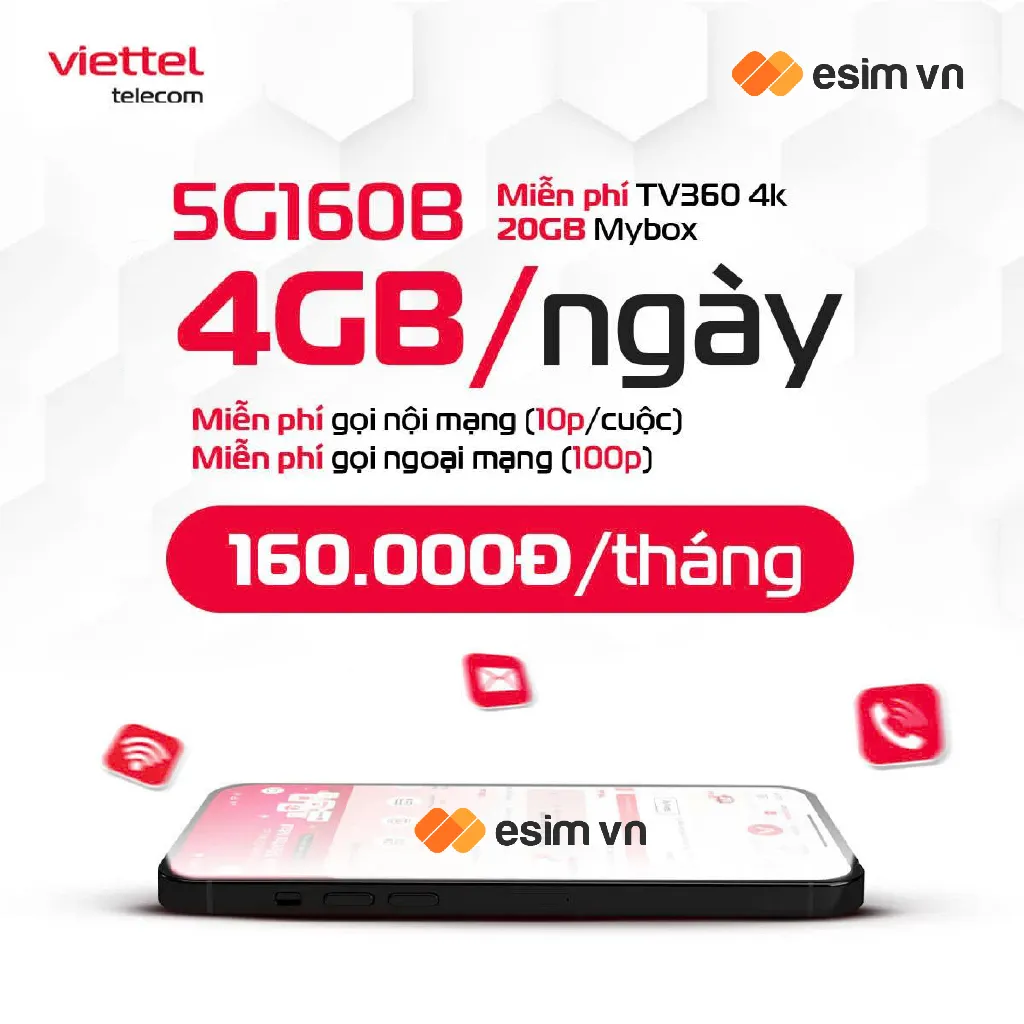 SIM 5G Viettel 5G160B/5G180B: Data 6GB/Ngày, Gọi Miễn Phí, Chỉ Từ 160K