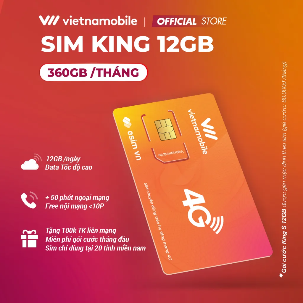 Ảnh Sim KingS Vietnamobile 12GB/Ngày (360GB/Tháng) + 60P Gọi Ngoại Mạng + Nội Mạng + TK 120K Sim CHỈ DÙNG Ở 20 Tỉnh Miền Nam 1