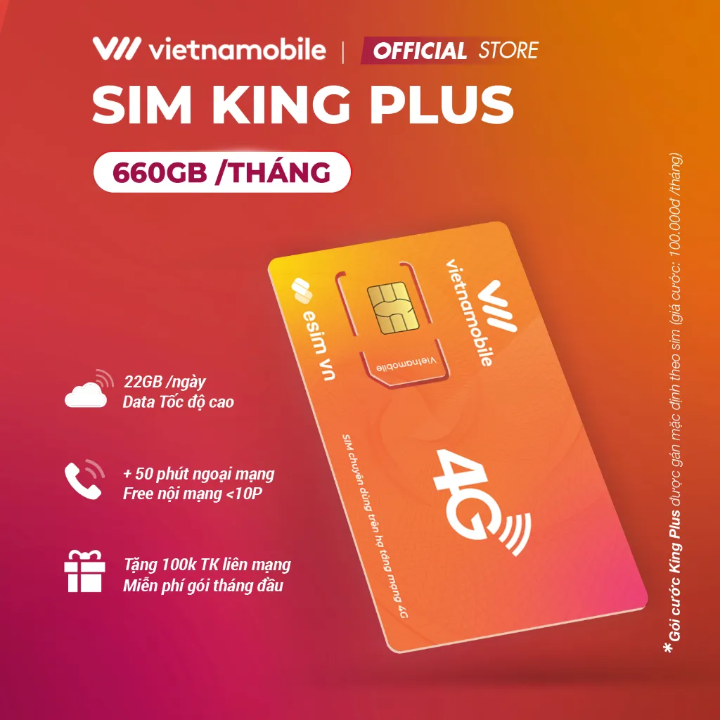 Ảnh Sim Vietnamobile King Plus Data 22GB/Ngày (660GB/Tháng) + 50P Gọi Ngoại Mạng + FREE Nội Mạng + TK 100K Sử Dụng Toàn Quốc 1