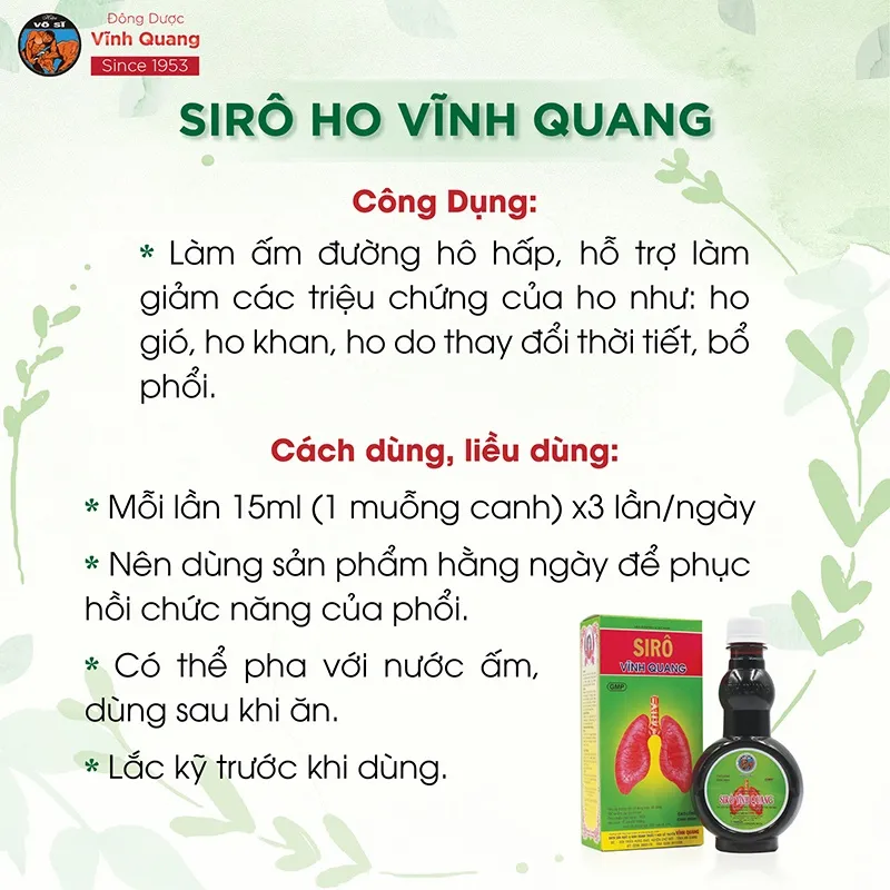 Ảnh Siro ho Vĩnh Quang chai 280ml Hỗ trợ Giảm ho, ho có đờm, ho gió, ho khan, bổ phổi 4