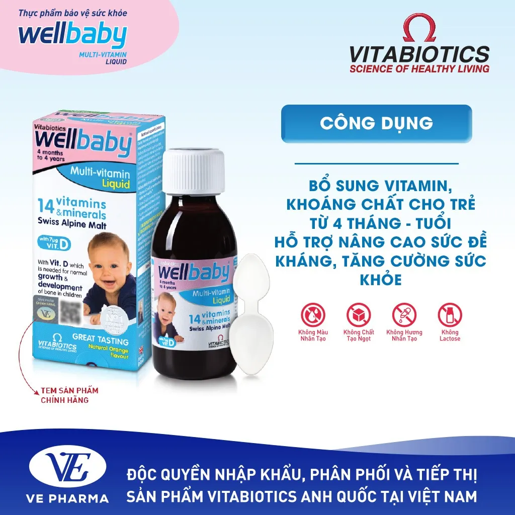 Ảnh Siro Uống Cho Bé Vitabiotics WELLBABY Multi-Vitamin Liquid Vị Cam Mạch Nha Ngon Miệng, Tăng Cường Sức Đề Kháng 150ml 1