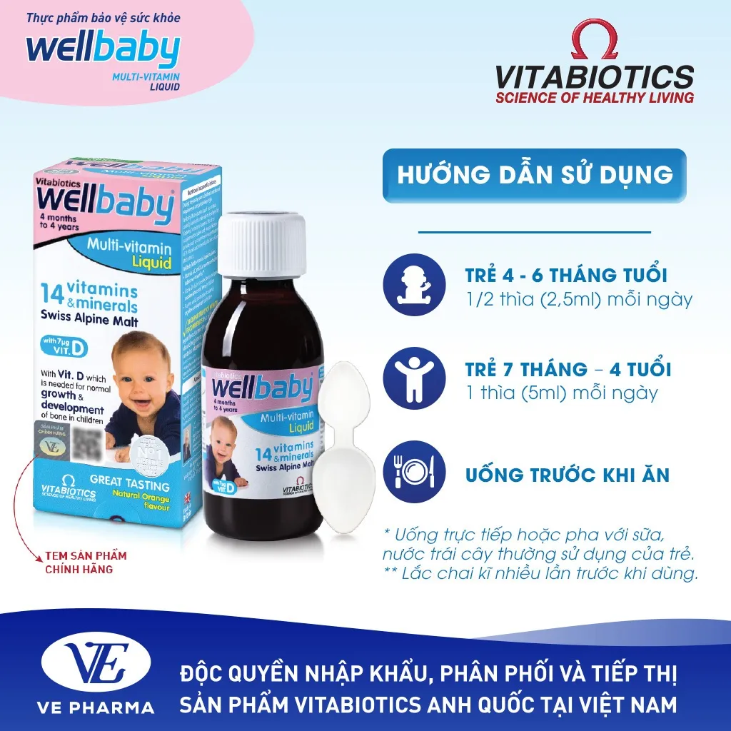 Ảnh Siro Uống Cho Bé Vitabiotics WELLBABY Multi-Vitamin Liquid Vị Cam Mạch Nha Ngon Miệng, Tăng Cường Sức Đề Kháng 150ml 2
