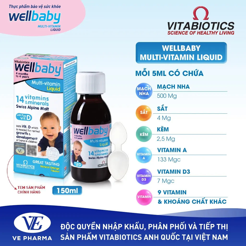 Ảnh Siro Uống Cho Bé Vitabiotics WELLBABY Multi-Vitamin Liquid Vị Cam Mạch Nha Ngon Miệng, Tăng Cường Sức Đề Kháng 150ml 3
