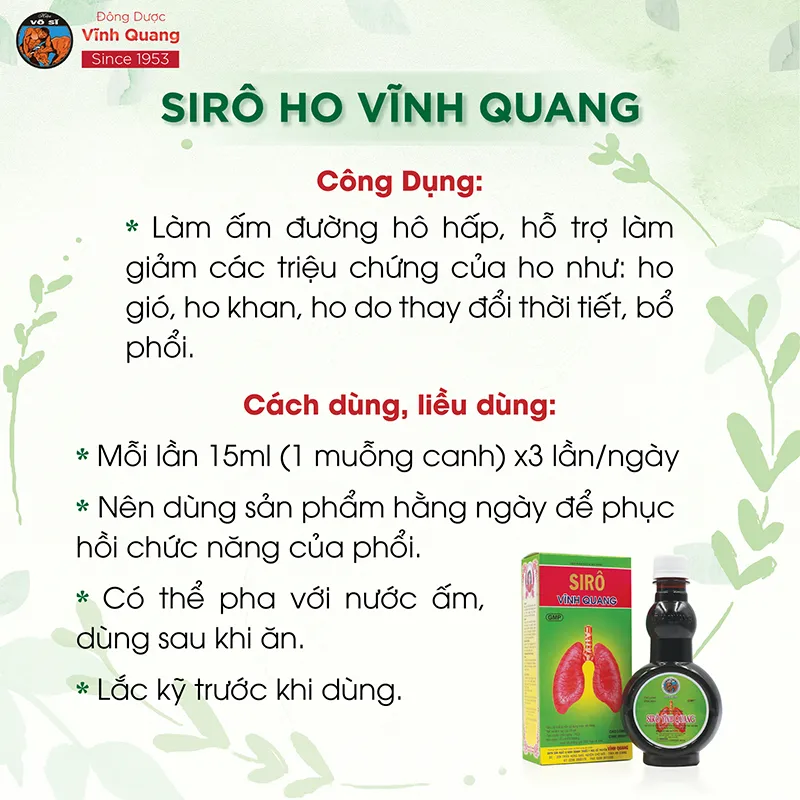 Ảnh Siro Vĩnh Quang Combo 3 chai 280ml Hỗ trợ Giảm ho, ho có đờm, ho gió, ho khan, bổ phổi 4