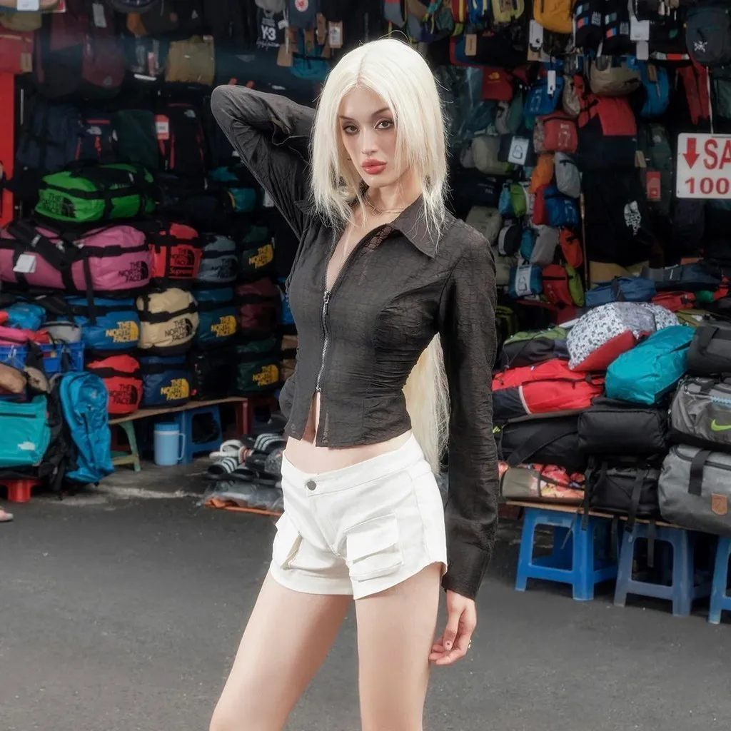 Ảnh Sizzle Shirred Silk Shirt - Áo sơ mi lụa hoạ tiết dây kéo trước 1