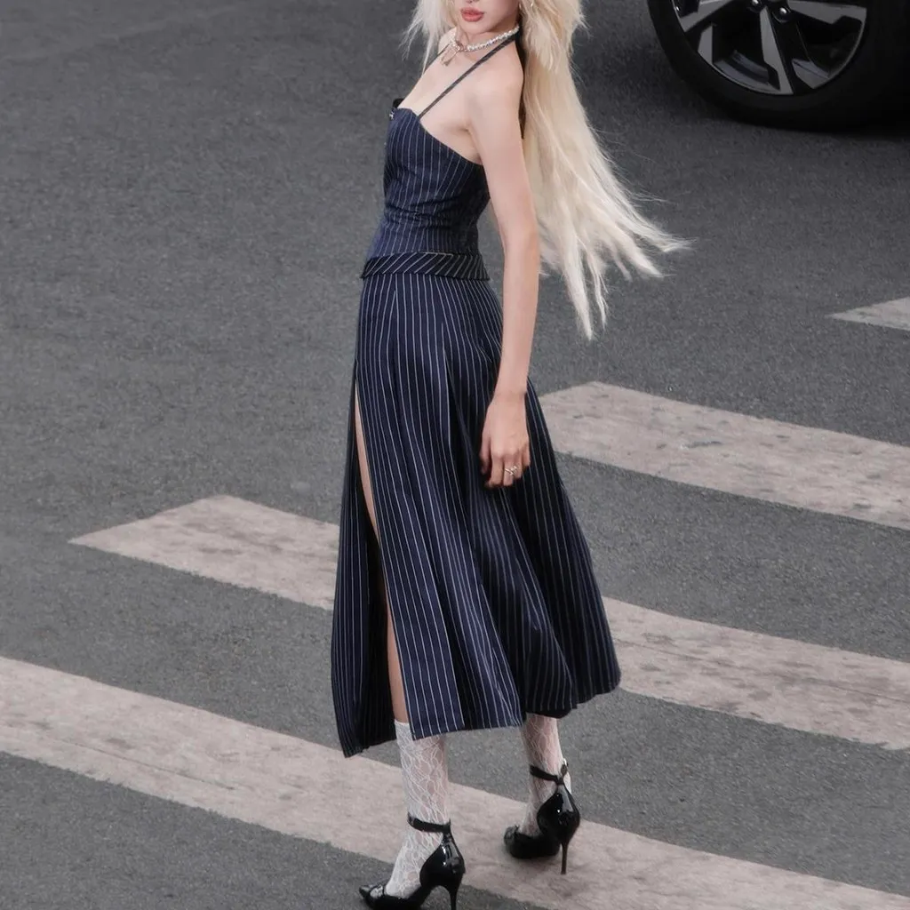 Ảnh Sizzle Striped Split Thigh Skirt - Chân váy sọc midi xếp ly xẻ đùi 4