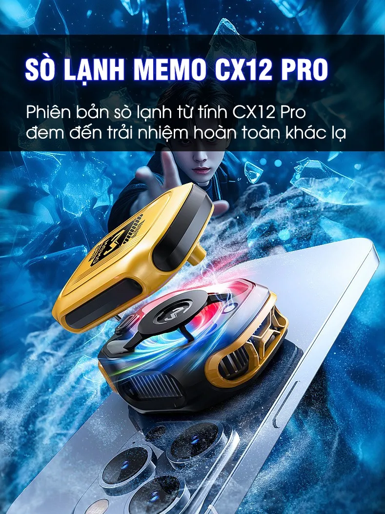 Ảnh Sò lạnh tản nhiệt MEMO CX12 Pro 2025 sử dụng pin làm lạnh sâu 2 chế độ AI đèn led màn hình tăng fps chơi game liên quân 1