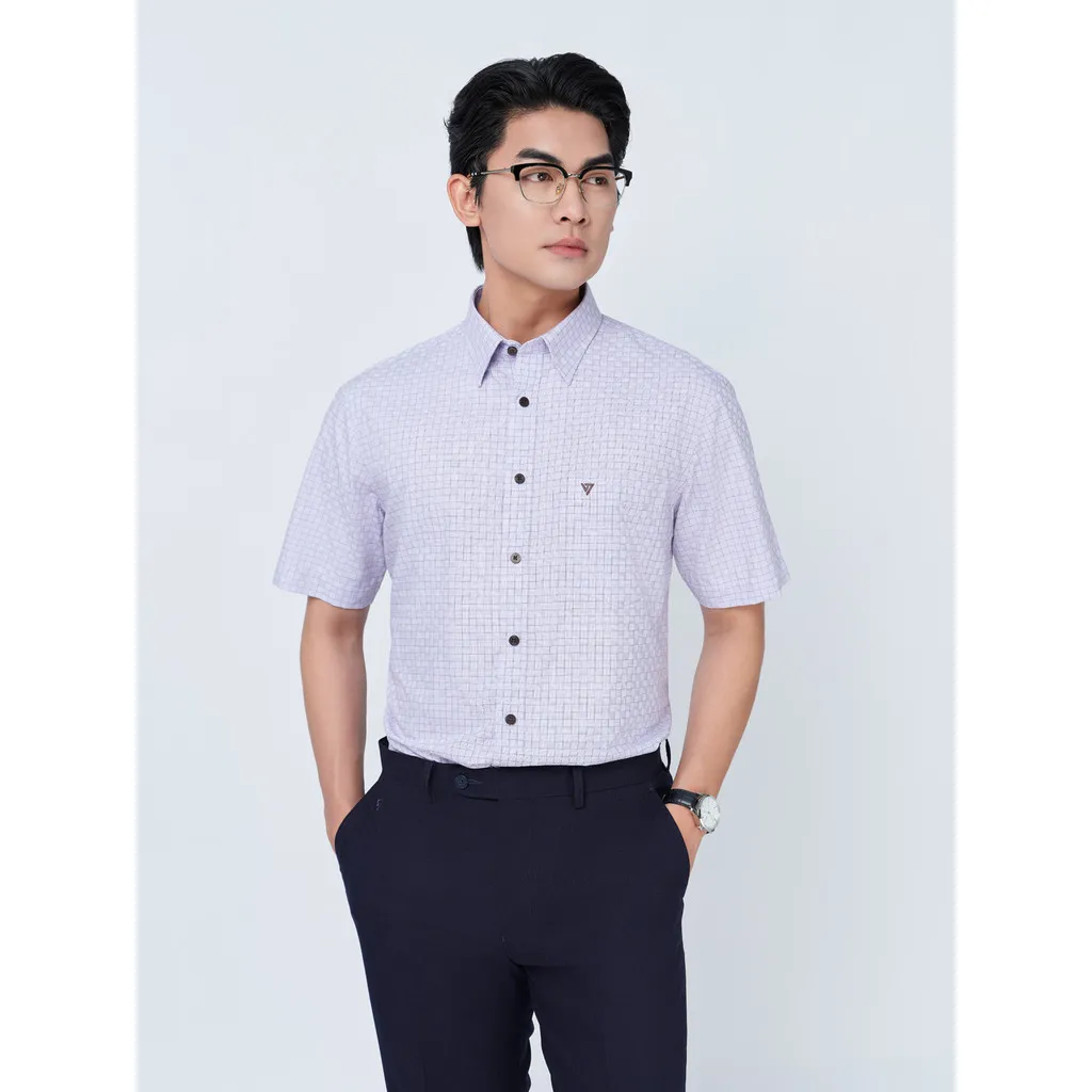 Ảnh Sơ mi ngắn tay lai bầu VIETTIEN vải sợi hoa hồng phom REGULAR VT00000328 1