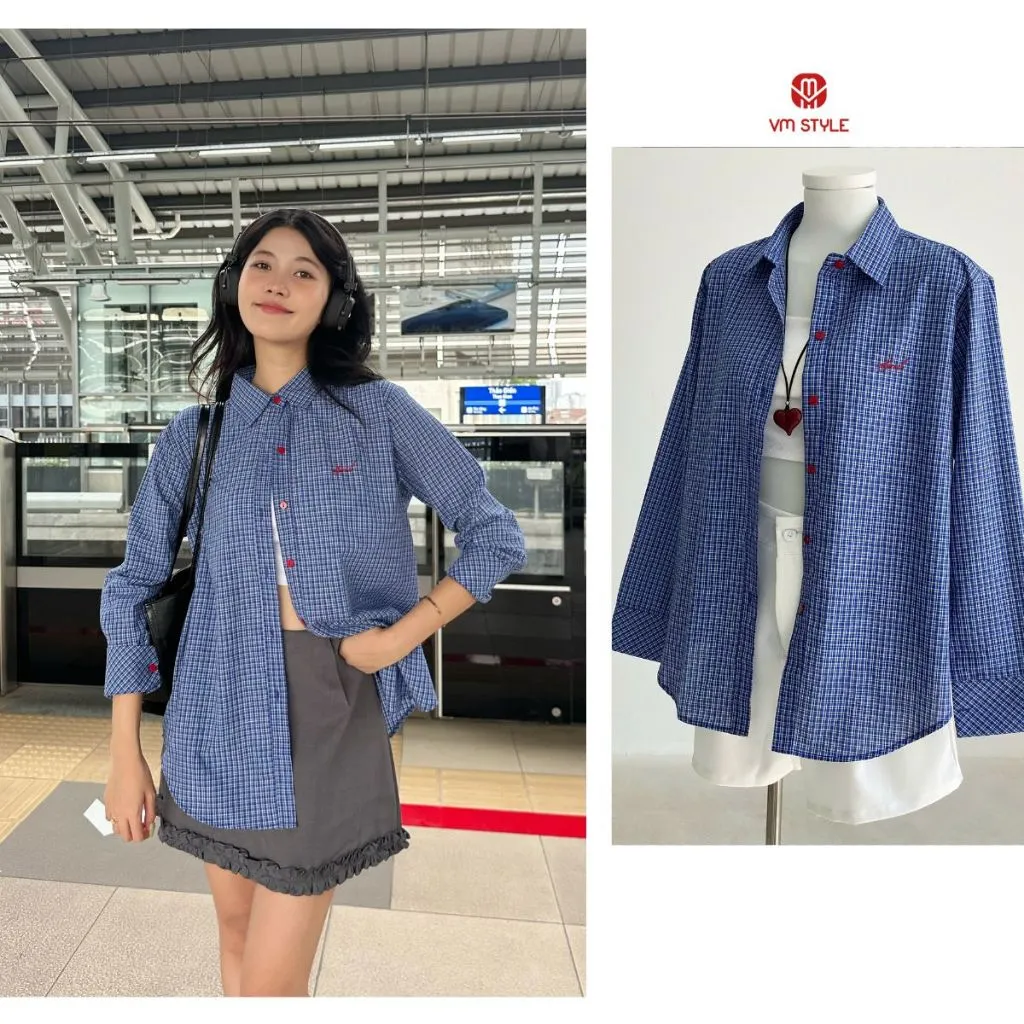 Ảnh Sơ mi nữ kẻ sọc tay dài VMSTYLE Áo tay dài dáng rộng SMU00254 1