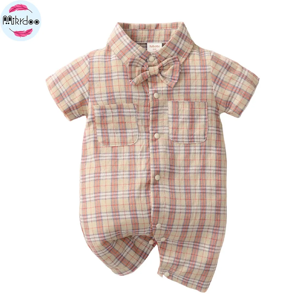 Ảnh Sơ sinh baby boy gentlemen's bodysuit turn-down tay ngắn kẻ sọc romper Áo liền quần quần áo dự tiệc hàng ngày 2