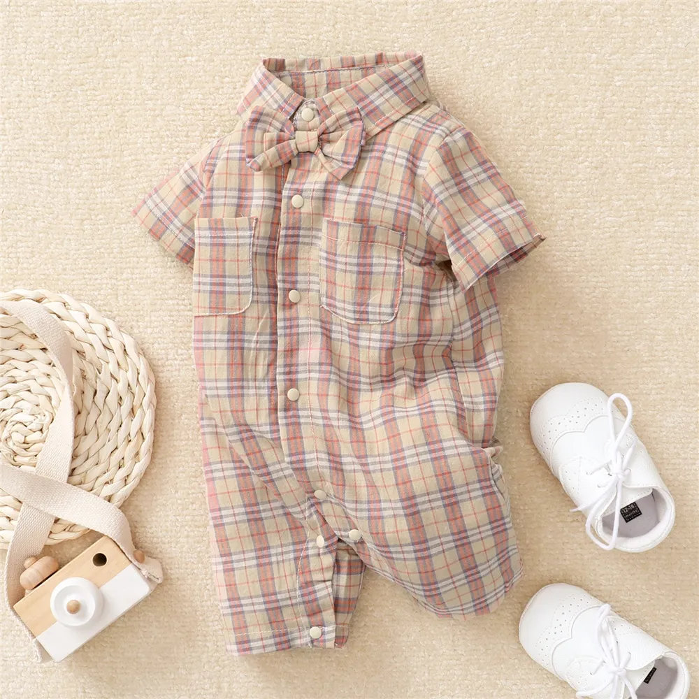 Ảnh Sơ sinh baby boy gentlemen's bodysuit turn-down tay ngắn kẻ sọc romper Áo liền quần quần áo dự tiệc hàng ngày 3