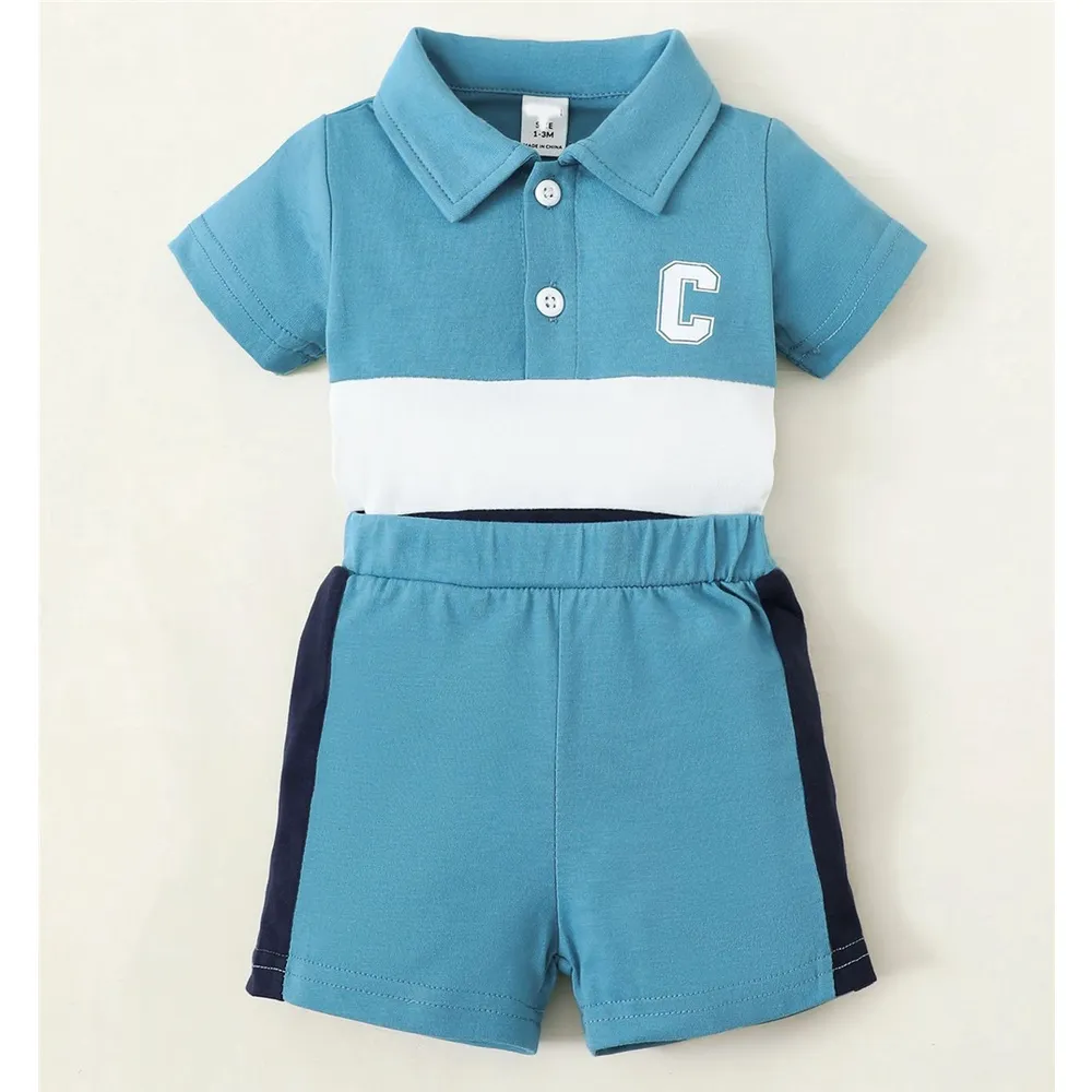 Ảnh Sơ sinh bé trai bộ quần áo ngắn tay turn-down romper + quần short mùa hè thường 2 cái trang phục 1