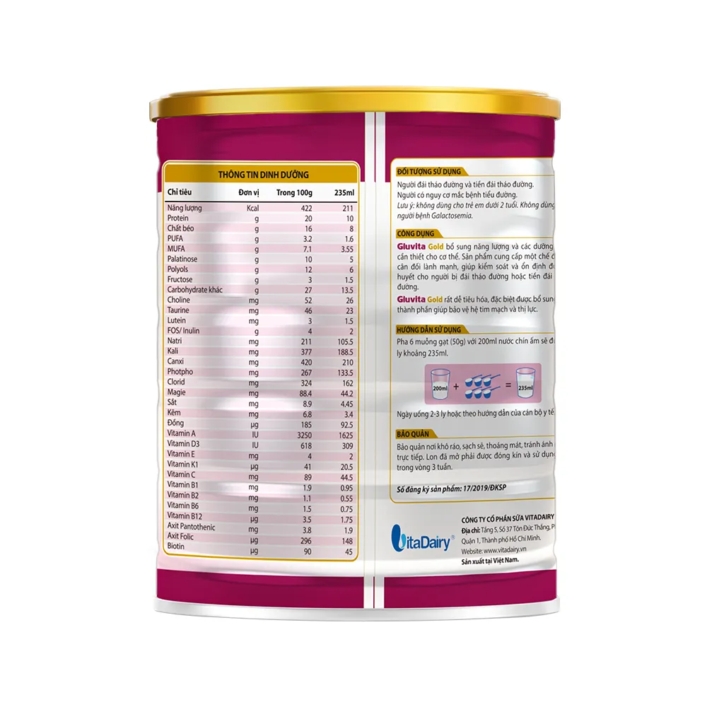 Ảnh Sữa bột Gluvita Gold 900g (cho người tiểu đường) - VitaDairy 1