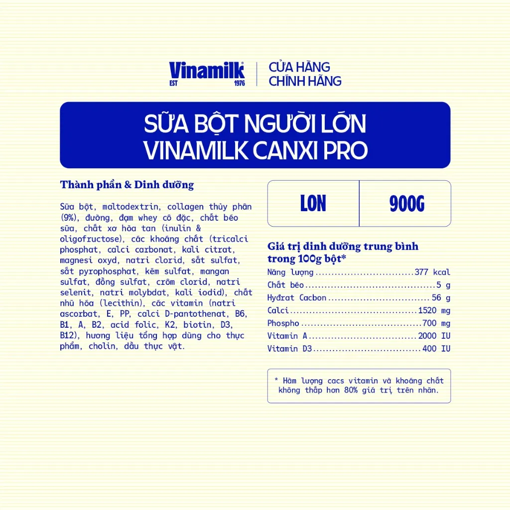 Ảnh Sữa bột Vinamilk CanxiPro 900g (Hộp thiếc) - Sữa bổ sung Canxi cho người già cao tuổi, Tốt cho xương khớp 3